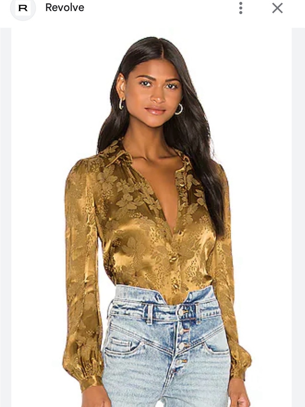 Camila Coelho Gold Floral Satin Jacquard Button-Up Blouse Long Puff Sleeve M